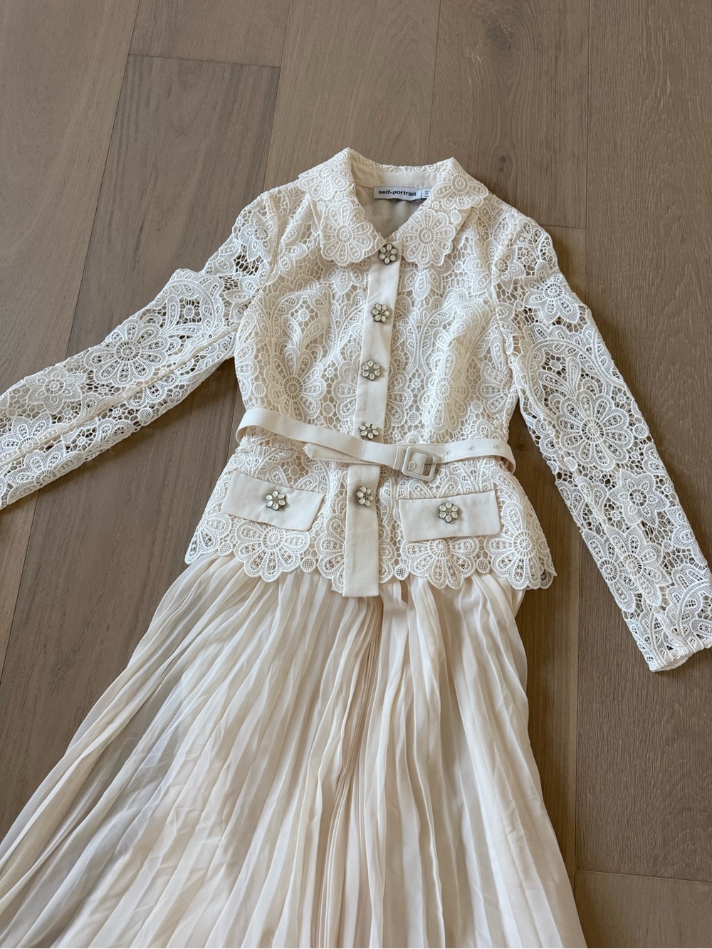 Self-Portrait Ivory Lace Belted Blazer with Jewel Buttons